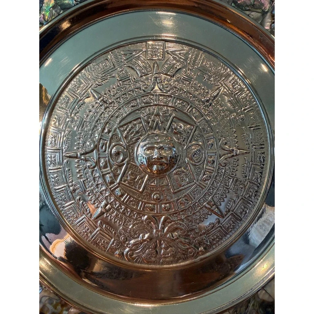 Vintage Aztec Calendar Wall‎ Plate - Alpaca Mexico Silver with Abalone Inlay